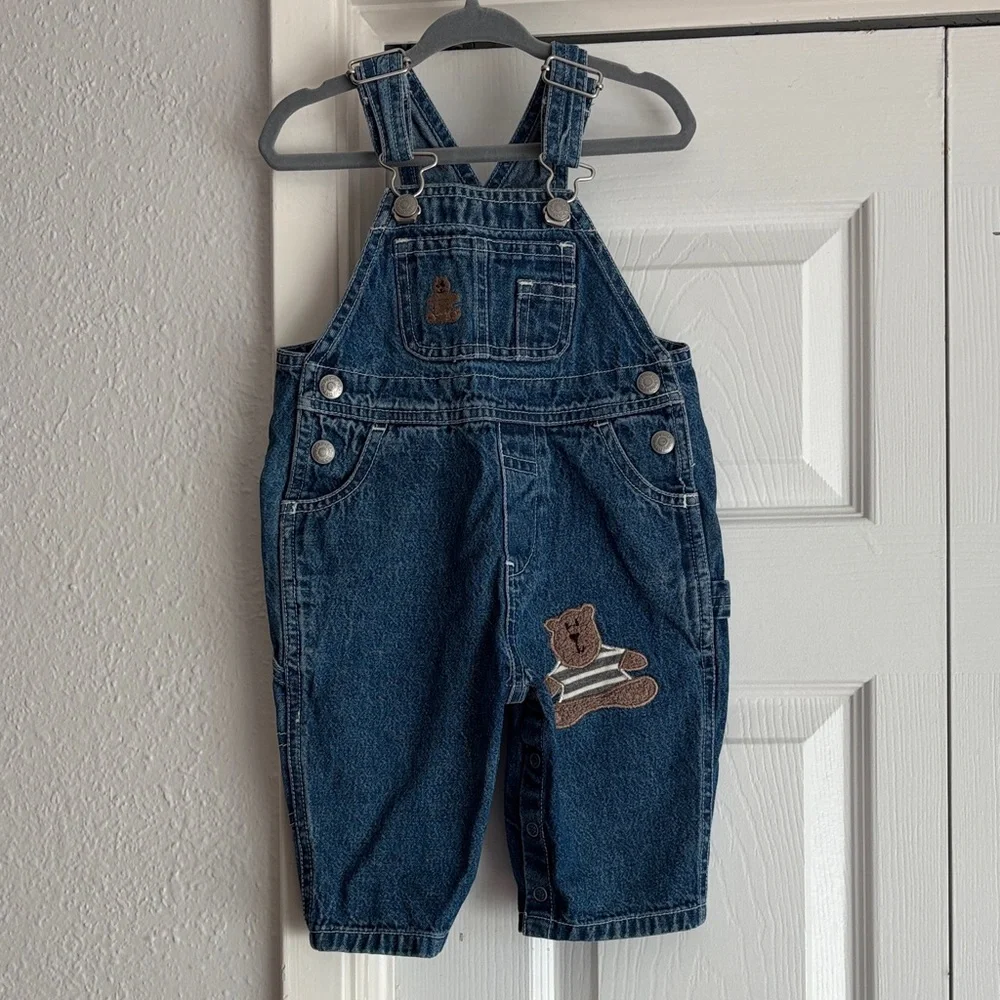 VINTAGE 1999 Baby GAP Blue Denim Overalls with Embroidered Bear Patches